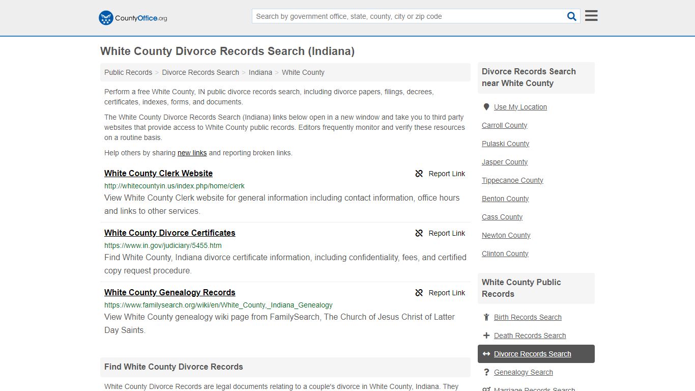 White County Divorce Records Search (Indiana) - County Office